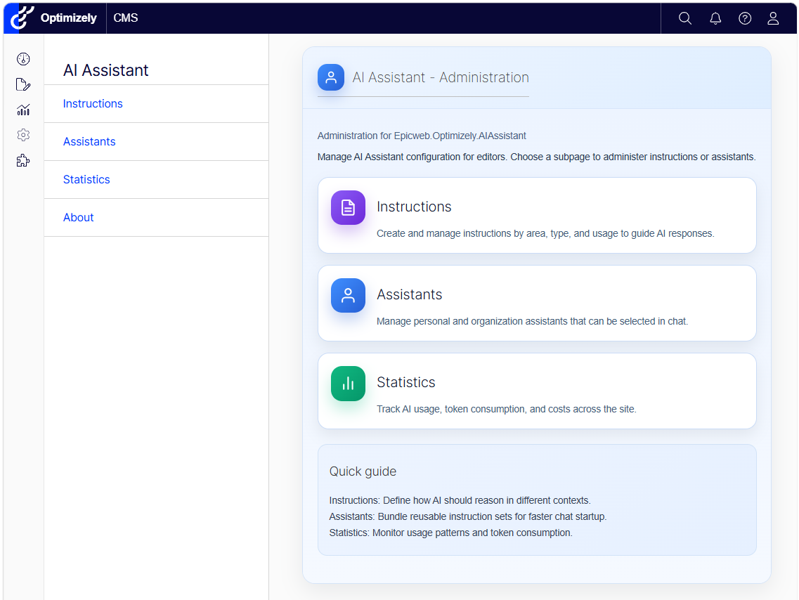 New admin feature, Assistants, instructions and statistic usage