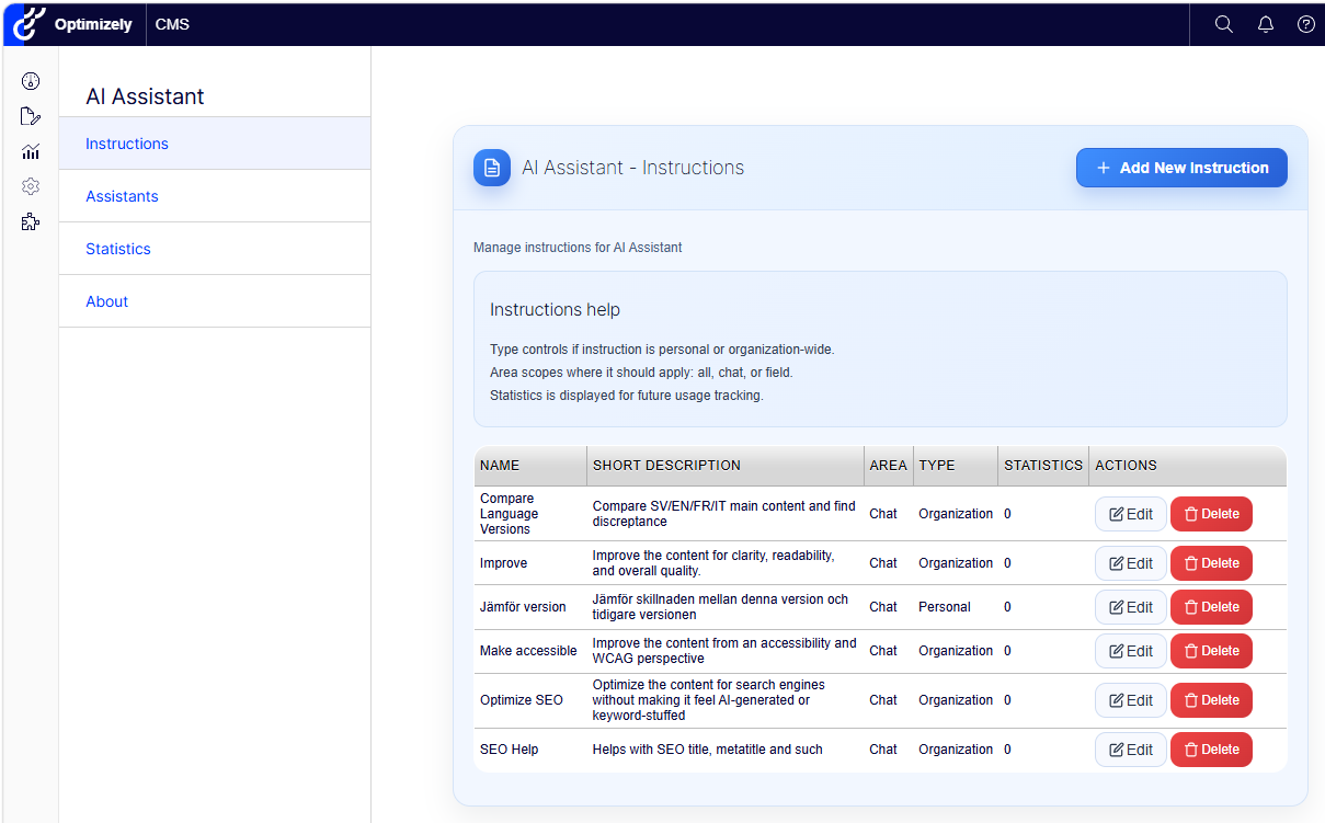 Optimizely CMS AI Assistant Instructions page with a list of instructions and Add, Edit, Delete actions.