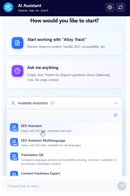AI Assistant start screen showing options, assistant list, and a cursor hovering over SEO Assistant.