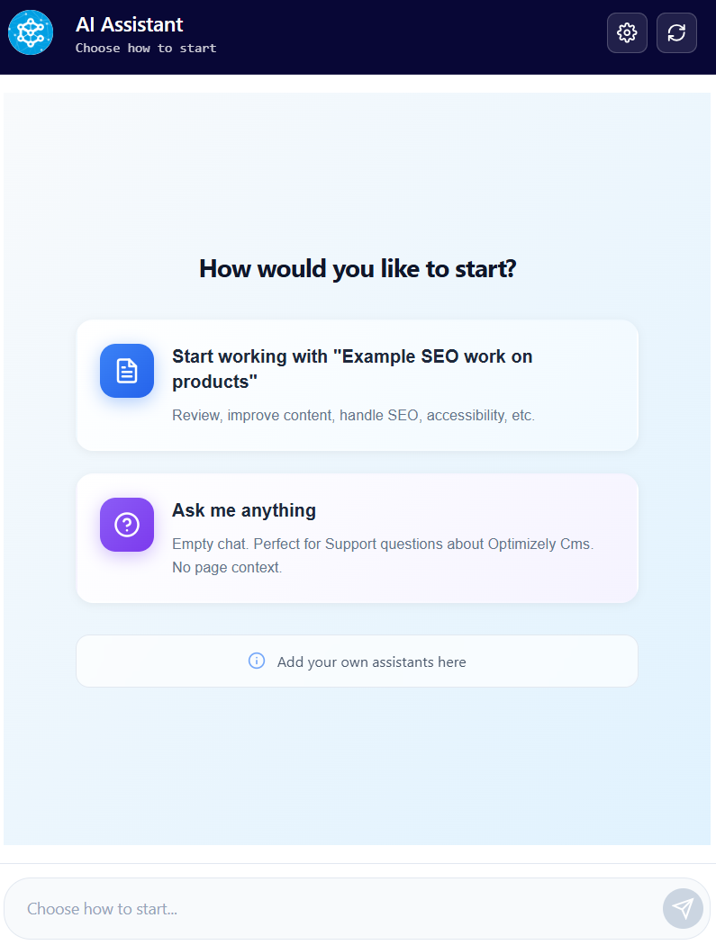 AI Assistant start screen with options to open an SEO product task or ask a question, plus a message bar.
