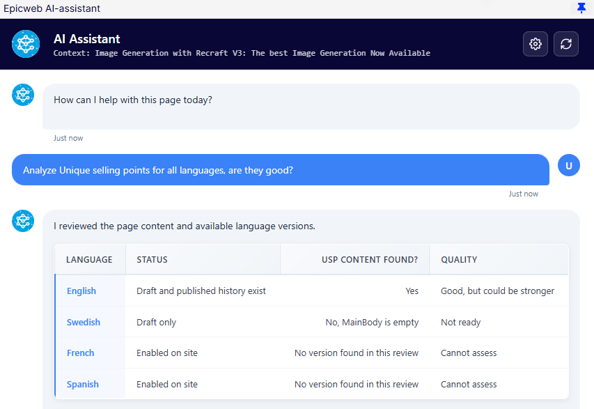 Screenshot of an AI assistant showing a table reviewing USP content quality across English, Swedish, French, and Spanish.