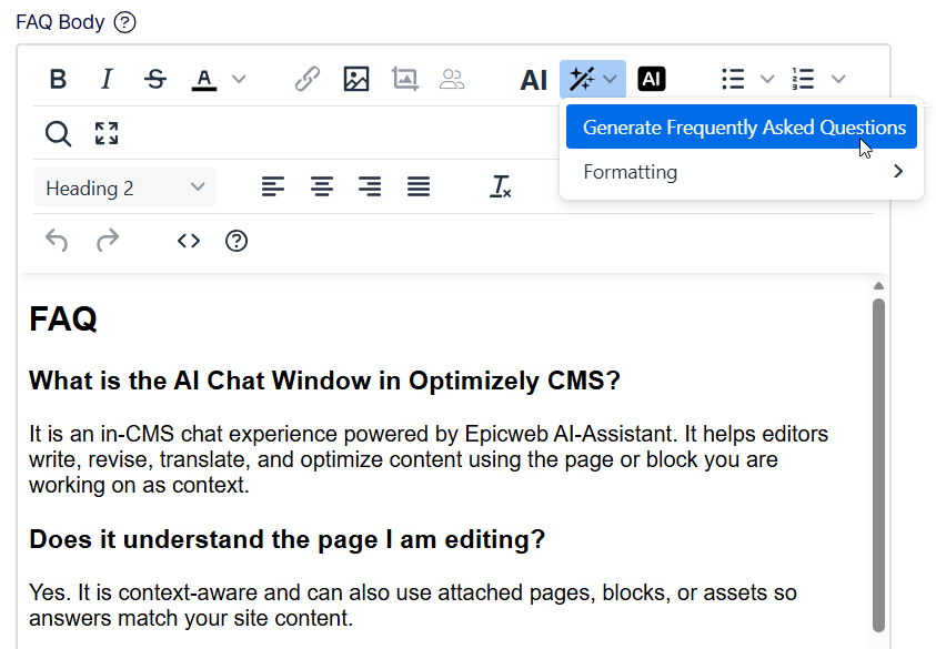 CMS editor with AI menu open on 'Generate Frequently Asked Questions' above FAQ text content.