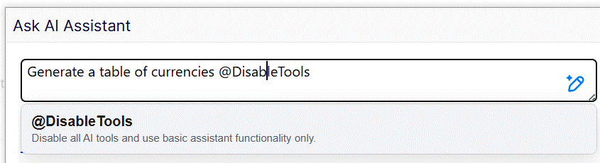 A user interface showing a prompt for generating a currency table with tools disabled options. Text is visible.