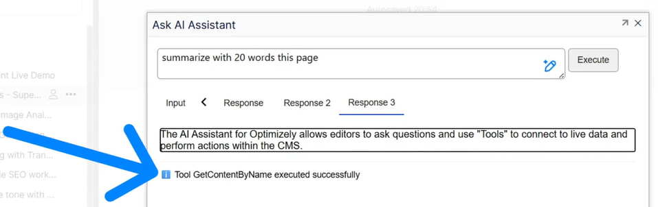 A screenshot of a user interface showing an AI assistant tool for optimizing content with functionality details.