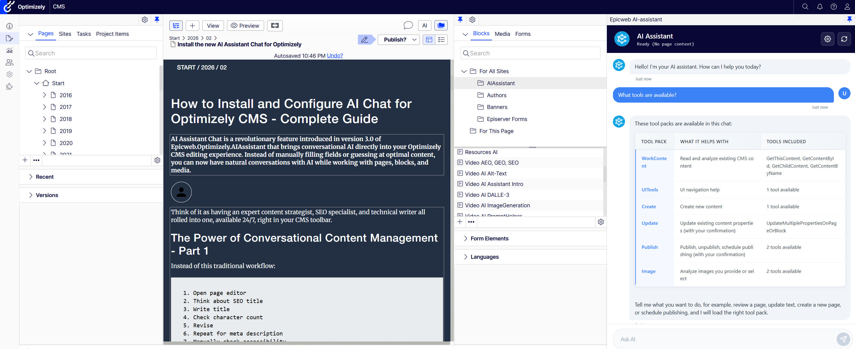 Optimizely CMS editor showing an article draft, with a right-side AI Assistant chat panel listing tools.