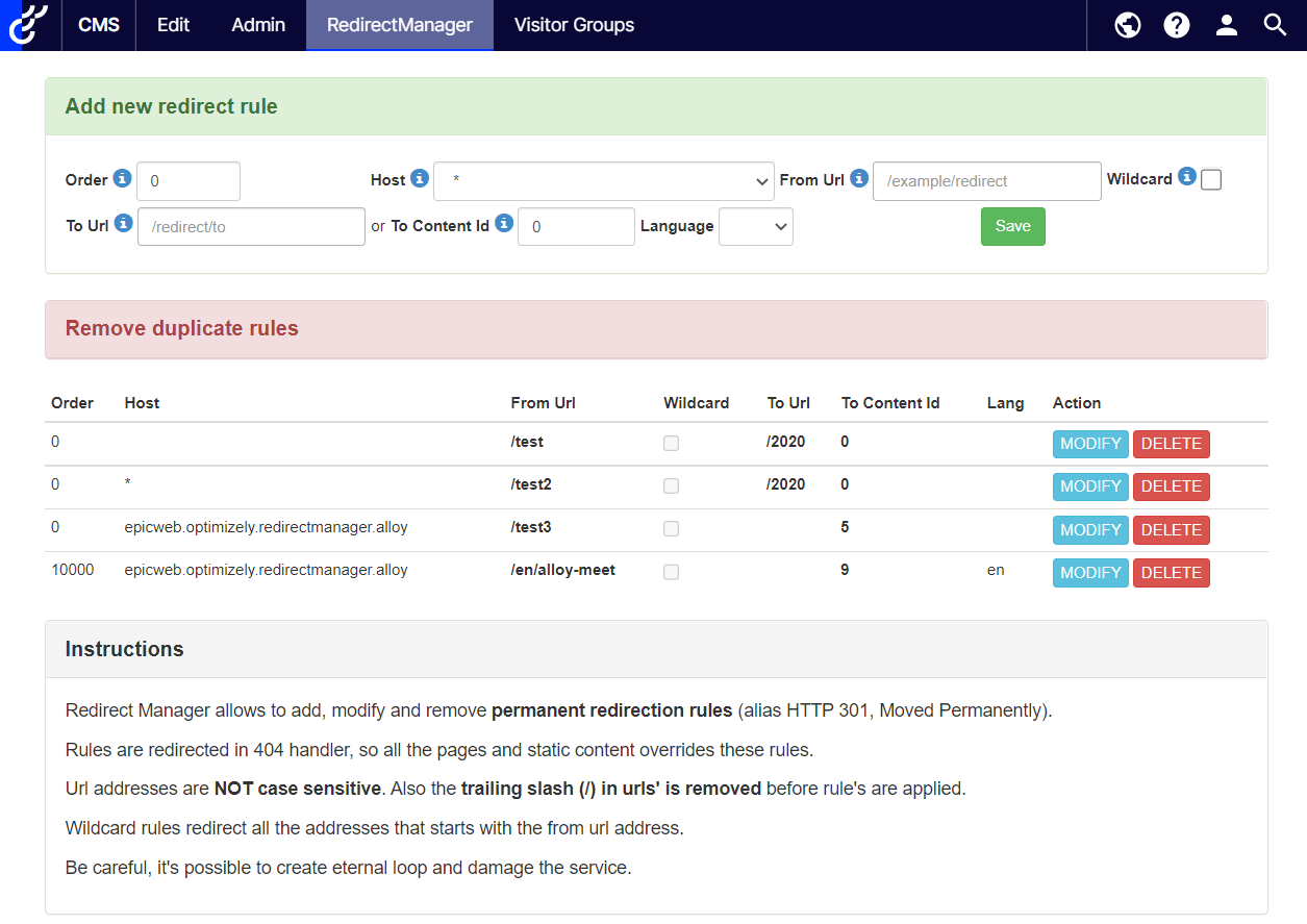 UI of RedirectManager