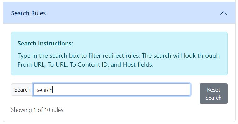 Search rules interface showing a search box and instructional text for filtering redirect rules.