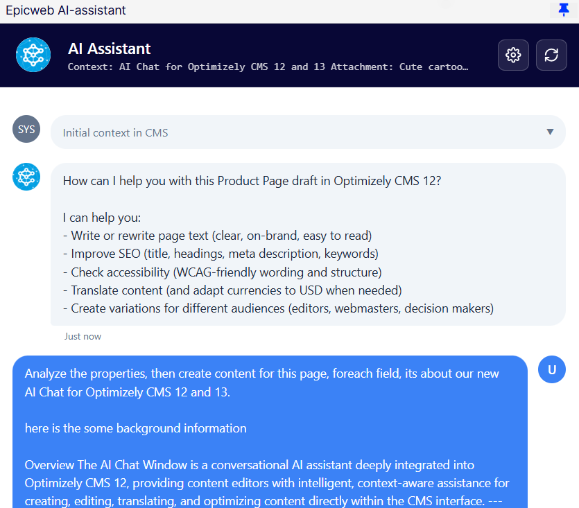 A chat interface featuring an AI assistant offering help with a CMS product page, displayed in a blue and white theme.