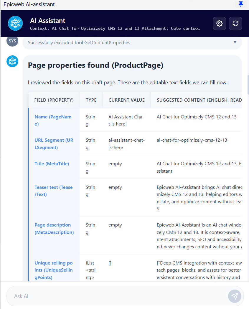 An interface displaying properties of a product page with fields for name, URL, title, and descriptions.