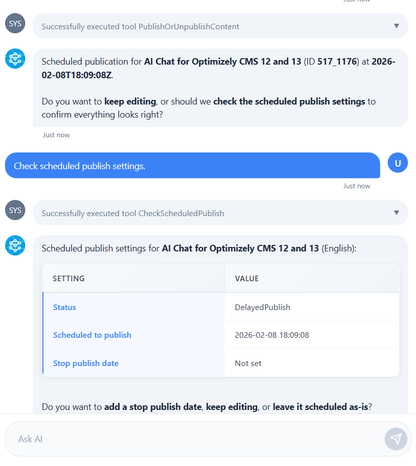 A user interface displaying scheduled publication details, including status, date, and options to edit.
