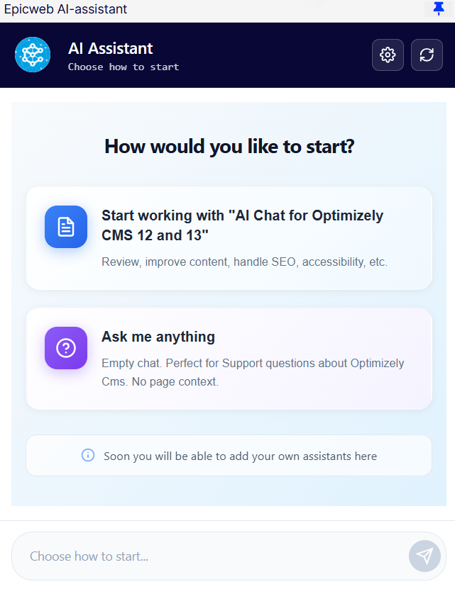 A user interface displaying options for starting AI assistance, with buttons and text in a light blue background.