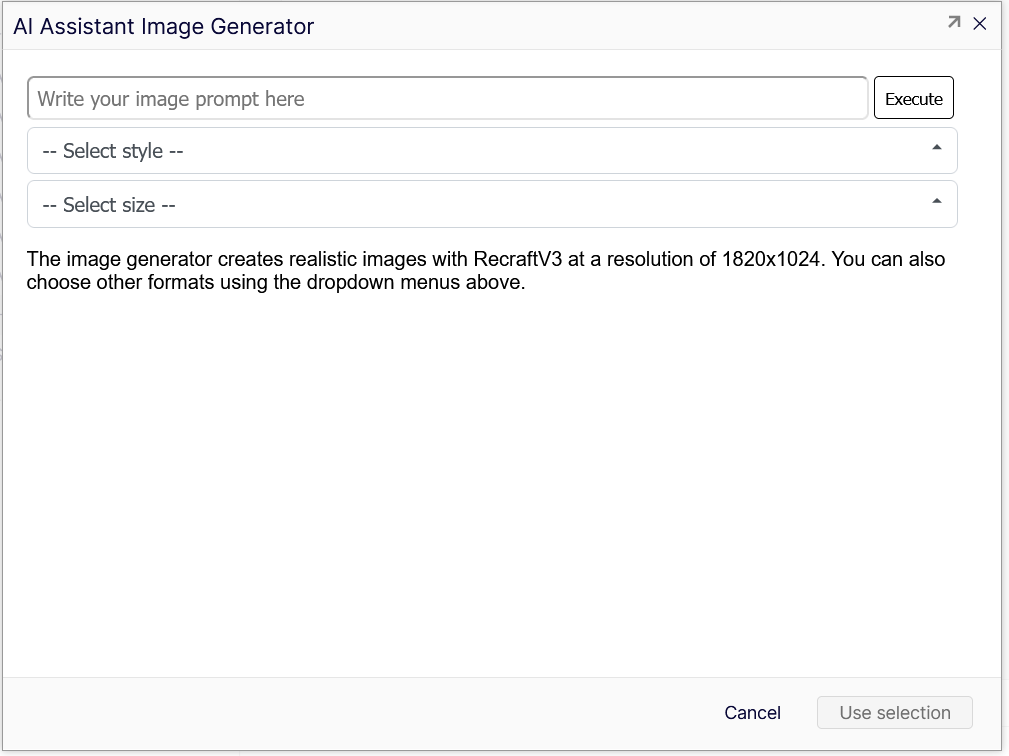 Screen image of Image Generator with styles and sizes in the UI